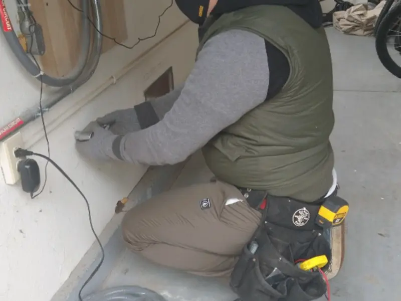 Electrician performing outlet wiring in a Kearney garage